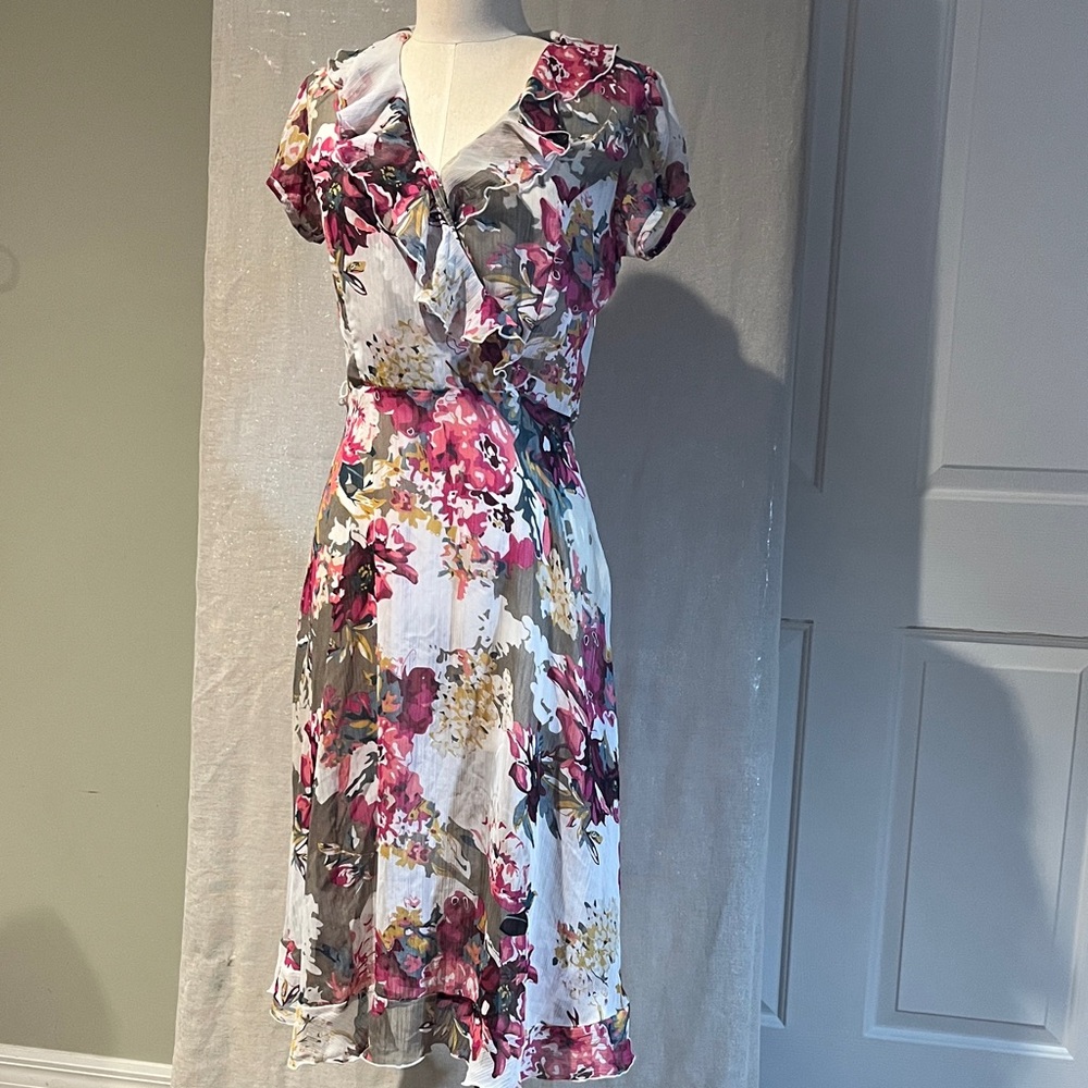 MSK Pink & Green Floral Ruffle Midi Dress